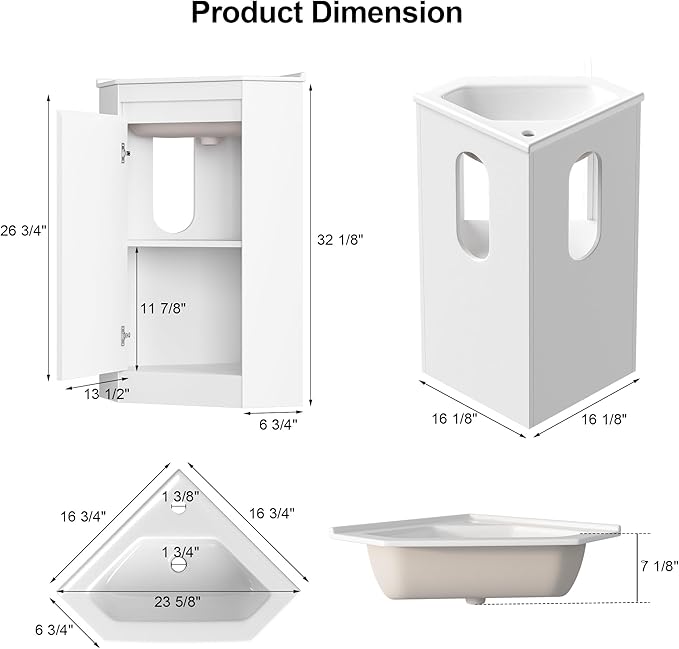 24" Corner Bathroom Vanity Sink Combo for Small Space, Freestanding Compact Space Bathroom Storage Cabinet with White Ceramic Sink, Wall Mounted Modern Vanity,White