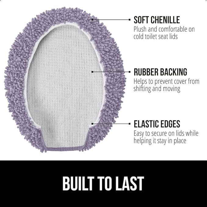 GORILLA GRIP Soft Chenille Bathroom Toilet Lid Cover, Machine Washable Seat Covers, 19.5x18.5, Stays in Place Rubber Backing, Fits Most Round, Elongated and Oblong Lids, Accessories Decor, Lt Purple
