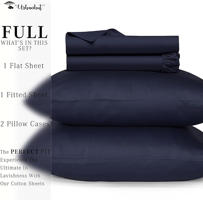 URBANHUT 700 Thread Count Full Size Egyptian Cotton Sheets, 4Pc Sheet Set Soft Luxury Bed Sheets for Full Size Bed, Sateen Weave Hotel Sheets, 14'' Elasticized Deep Pocket - Navy Blue