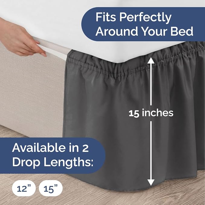 Wrap Around Dust Ruffle Bed Skirt - Charcoal - for King Size Beds w/ 15 Inch Drop - Easy Fit Elastic Strap - Adjustable Pleated Bedskirt w/Brushed Fabric - Wrinkle Free - for Women, Men, Kids & Teens