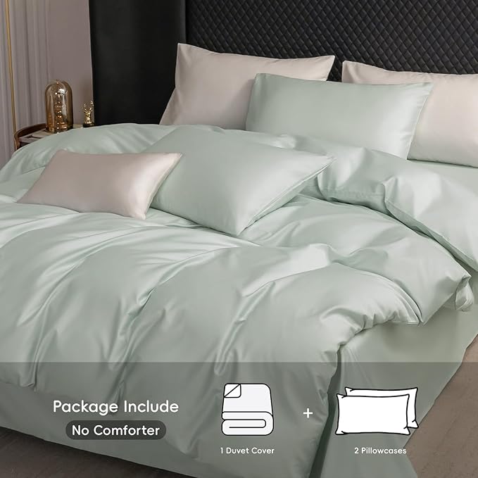 MooMee Duvet Cover Set 100% Extra Long Staple Cotton 600 Thread Count Silky Sateen Smooth Luxury Soft Breathable Durable Hotel Quality Bedding, 3 Pieces (Sage Green, Queen 90"x90")