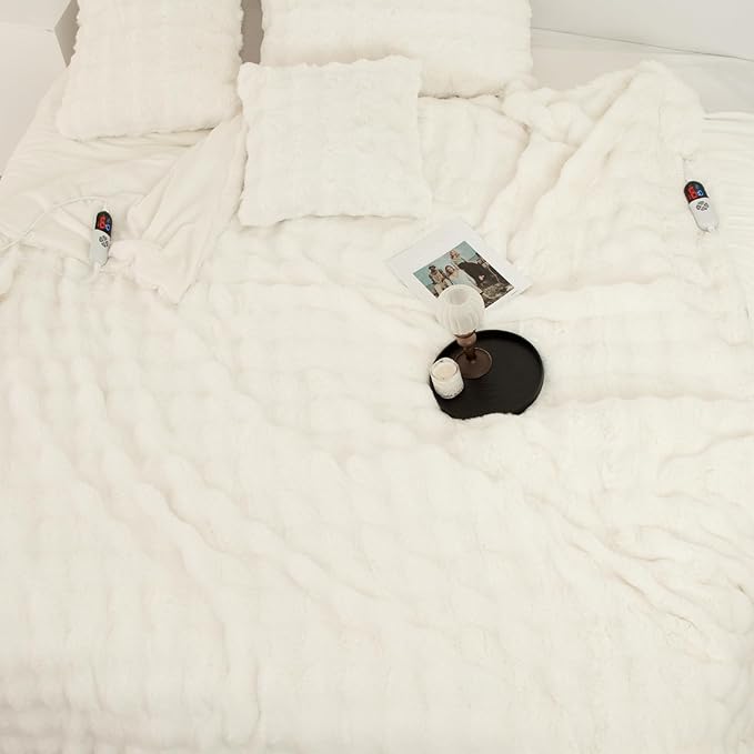 Faux Rabbit Fur Bubble Queen Size Heated Blanket White - Fluffy Thick Electric Blanket Queen with Dual Control, 6 Heating Levels & 10 Timer Settings, Overheat Protection, Home Decor,84" x 90"