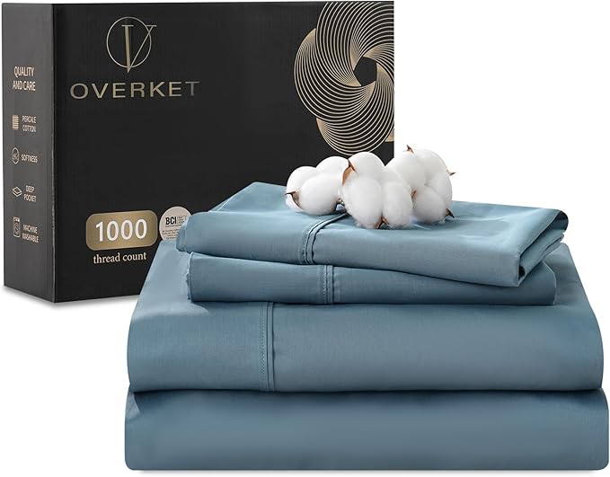 Egyptian Cotton Sheets Full Size 1000 Thread Count Sateen Weave Soft Breathable 16-Inch Deep Pocket 4PCS（Full,Dusty Blue）