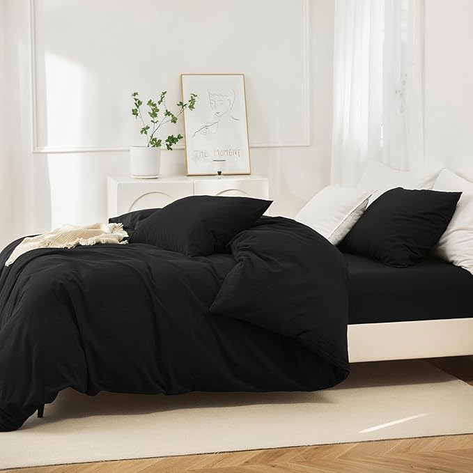 JIYUAN 100% Washed Cotton Duvet Cover Set 3 Pieces Super Queen, 1 Duvet Cover 90x98 Inches(Comforter Not Included) and 2 Pillowcases,Linen Feel Bedding Set Comfy and Breathable,Black
