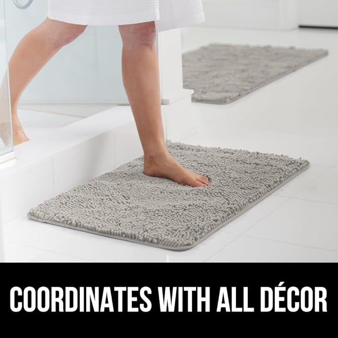 GORILLA GRIP Bath Rug Mat, Soft Absorbent Chenille, Quick Dry Microfiber Mats, Rubber Backing Washable Shower Floor Rugs, Bathmat Runner, US Designed Bathroom Home Decor Accessories 24x17 Light Gray