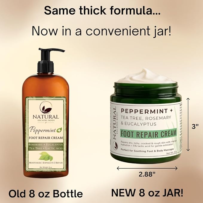 Natural Escapes Peppermint, Rosemary, Eucalyptus & Tea Tree Oil Foot Cream for Dry Feet, Cracked Heels, Calluses, Athlete's Foot - Heel Repair Cream for Women & Men (8 oz)