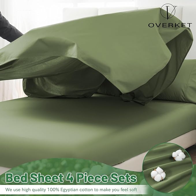 100% Egyptian Cotton Sheets Cal King Sheet Set 1000 Thread Count Sateen Weave Soft Breathable 16-Inch Deep Pocket 4PCS（California King,Olive Green）