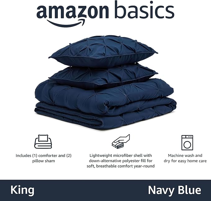 Amazon Basics Soft, Lightweight King Size Comforter Sets, All-Season Down-Alternative 3-Piece Bedding Set, Pinch Pleat Design, Navy Blue