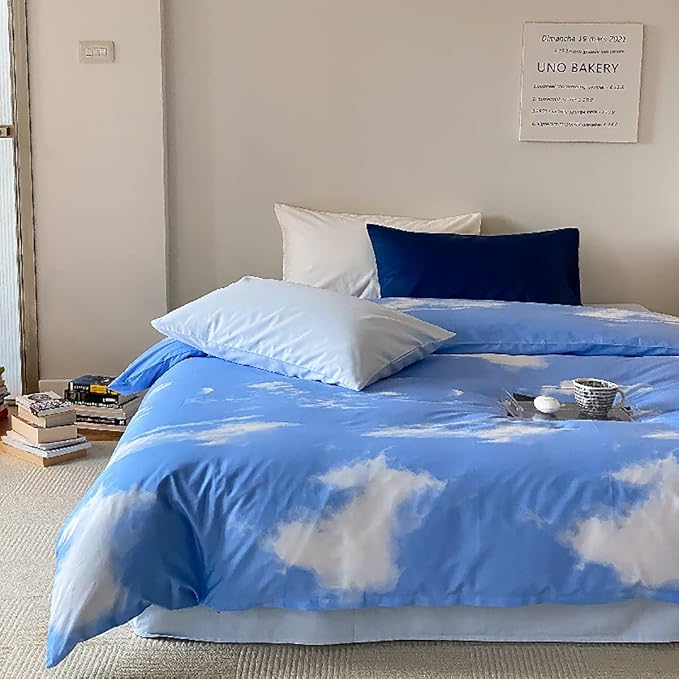 KAREVER Blue Cloud Comforter Set Queen Size Sky Theme Bedding Women 3 Pieces Soft Light Blue Queen Bed Blanket Set for All Season as Gift