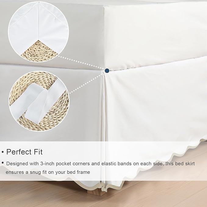 HIG Off-White Chic Full Bed Skirt - Easy Fit Scallop Edge Pleated Bedskirts, 14 Inch Drop Anti-Slip Dust Ruffle, Thick Fabric for Enhanced Privacy, Pre-Washed for Long-Lasting Use(N60022)