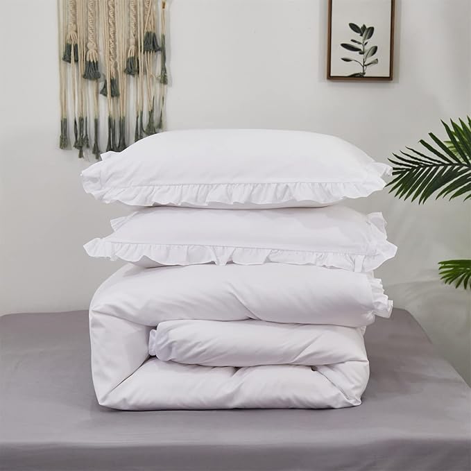 Cottonight White Comforter Set King White Ruffle Bedding Comforter Set Ruffles Farmhosue Boho White Blanket Quilts Rustic Soft Breathable Chic 3PCs Bedding Set for King Bed