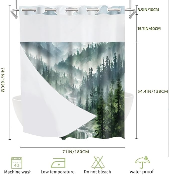 No Hook Mountain Shower Curtain with Snap in Liner Set Modern Forest for Bathroom Fabric Ringless Mist Pine Tree Curtains and Hotel Bathroom Indoor and Outdoor Decoration 71 x 74