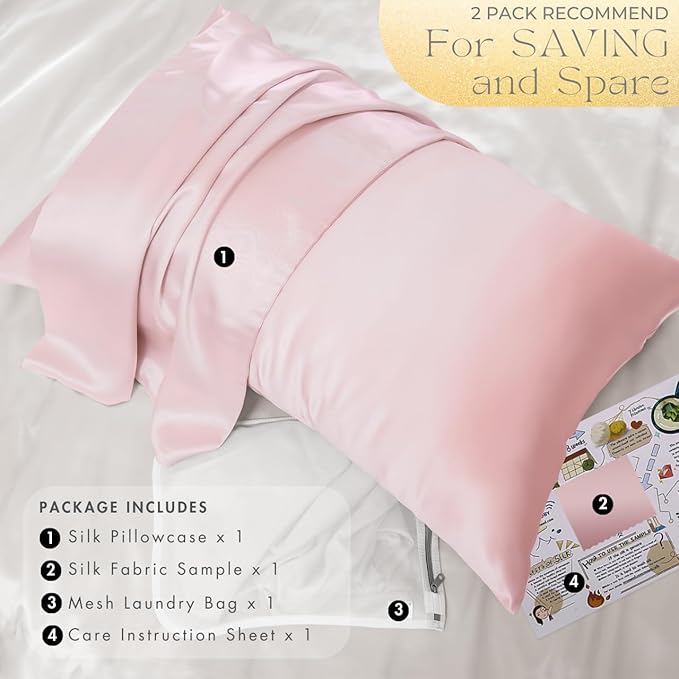PROMEED 23 Momme 6A+ Mulberry Silk Pillowcase with Zipper, Premium Real Silk Pillow Cases for Women Hair, Natural Silk Anti Acne Pillowcase (Standard 20"x26", Pink)