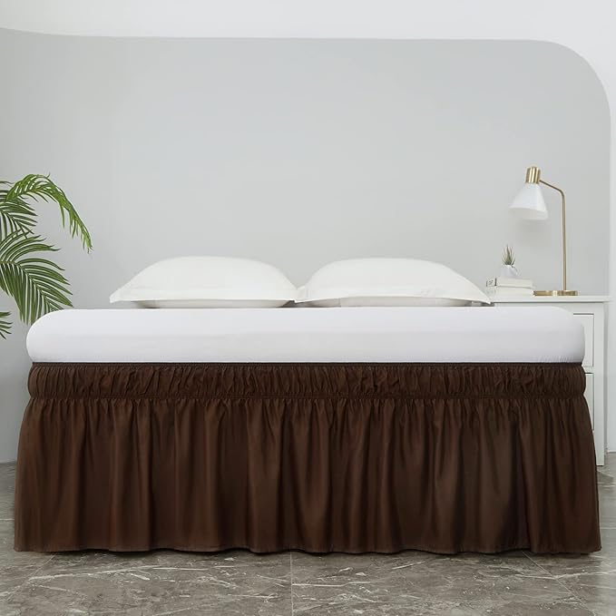 MEILA Bed Skirt Three Fabric Sides Elastic Wrap Around Dust Ruffled Solid Bed Skirts Easy On/Easy Off 16 Inch Tailored Drop, Chocolate, Queen/King
