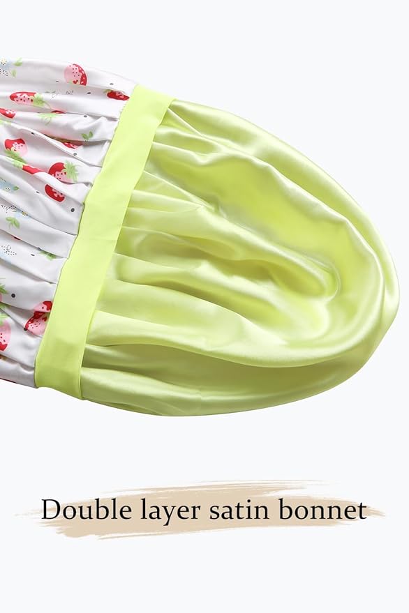 Floral Satin Bonnet For Sleeping Women Double Layer Pleated Design Adjustable Shower Cap For Curly Hair Strawberries