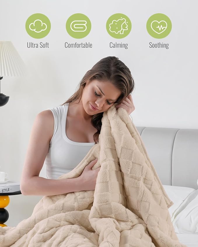 Uttermara Sherpa Fleece Weighted Blanket Queen Size, 3D Jacquard Checkered Warm Sherpa Heavy Blanket for Adults, Soft Fuzzy Weighted Blankets for Couch Bed Sofa, 60" x 80" 15lbs in Tan