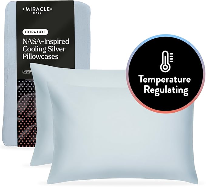 Miracle Made Extra Luxe Soft Cooling Pillowcase, 2-Piece Silver-Infused Cotton Fabric – Lightweight, Thermoregulating, Breathable Cover for Sensitive Skin, Standard Size, Sky Blue