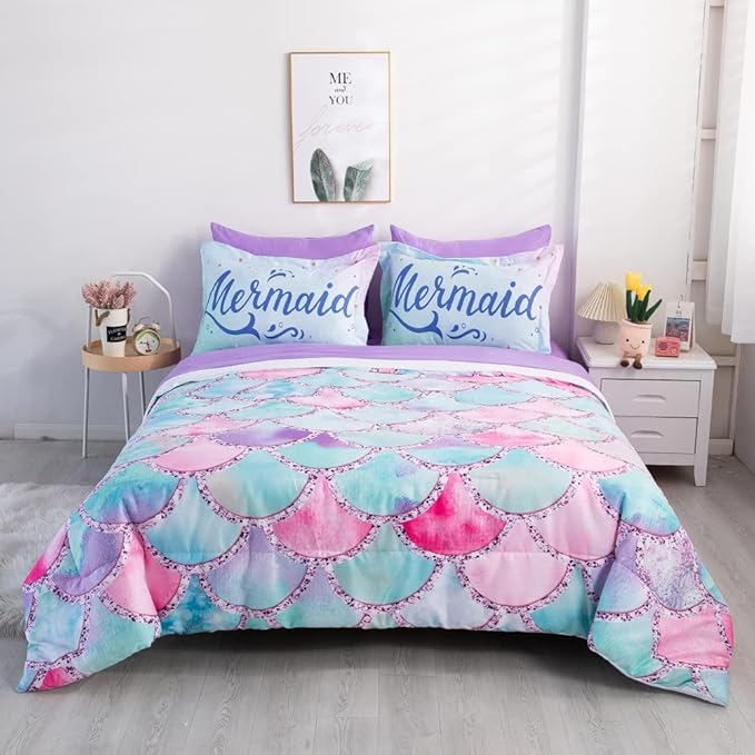 Wajade Kid Mermaid Scale Comforter Bedding Set Full Size, Colorful Rainbow 3D Fish Scale 7 Pieces Soft Bedding Sets with Comforter, Sheet, Pillowcase and Sham for Girls
