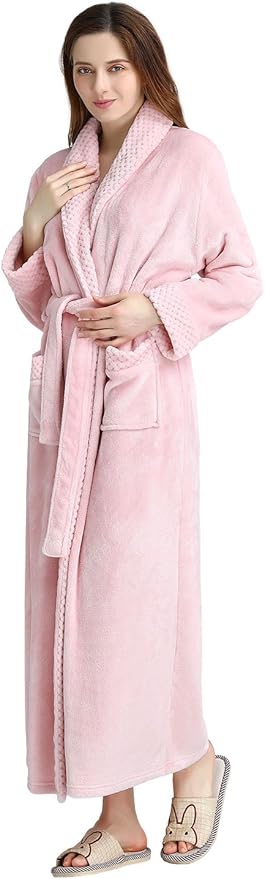 Artfasion Womens Long Fleece Robe - Warm Soft Floor Length Flannel Bathrobes for Winter Thicker Long House Coat with Pockets