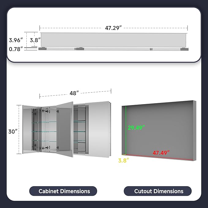 Medicine Cabinet 48" x 30", Bathroom Medicine Cabinet with Mirror, Recessed Medicine Cabinets with Adjustable Shelves, Soft-Closing Door, and Aluminum Alloy Frame - Reverse Installation, Silver
