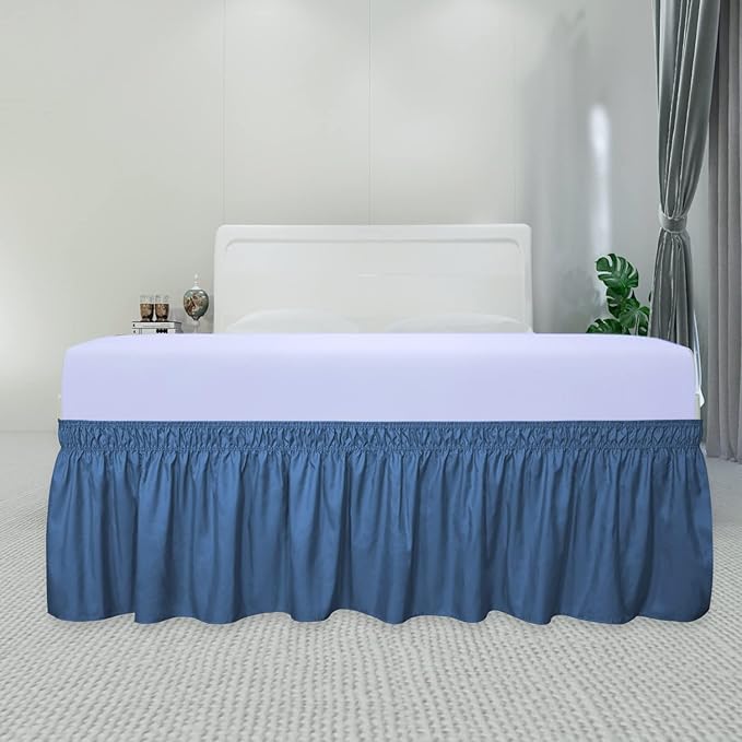 PureFit Wrap Around Ruffled Bed Skirt with Adjustable Elastic Belt - 14 Inch Drop Easy to Put On, Wrinkle Free Bedskirt Dust Ruffles, Bed Frame Cover for Queen, King and C-King Size Beds, Navy