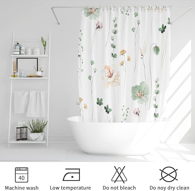 Gibelle Extra Long Shower Curtain 72 x 84, Watercolor Floral Fabric Shower Curtain, Sage Green Beige Flower Decorative Bathroom Shower Curtain Set with Hooks