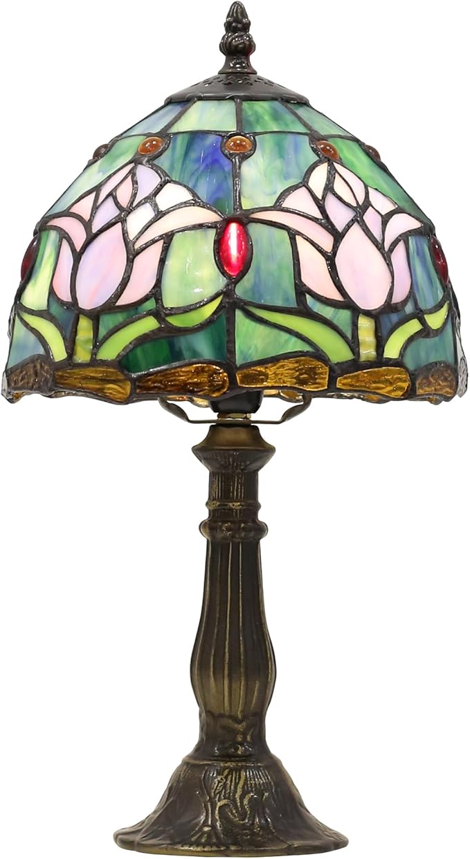 Tiffany Small Table Lamp for Bedroom Bedside Nightstand Table Lamps for Living Room 3 Way Color Temperatures Stained Glass Table Lamp 8X8X15 Inch Home Office Reading Desk Lamp (Pink Tulips)