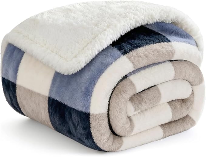 Blanket for Women, Sherpa Throw Blanket for Couch, Flannel Cozy Soft Blanket for Bed - Fleece, Gray-Soft Blue, 50x60 Inches