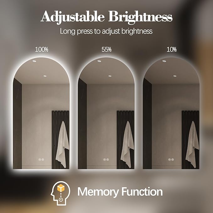 Arched LED Bathroom Mirror, 48"x24" Arch Framless Backlit Mirror with Lights Anti-Fog Dimmable Smart Frameless 3-Color Lighted Vanity Mirror Memory Waterproof, UL Listed, Vertical