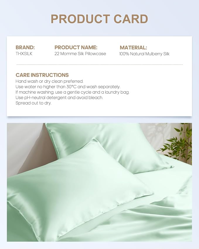 THXSILK 100% Mulberry Silk Pillowcase for Hair and Skin Health, 22 Momme Soft and Smooth Pillowcases with Hidden Zipper, Both Sides Premium Grade 6A+ Silk, 1pc (Standard 20"x26", Turquoise Green)