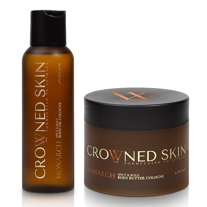 Crowned Skin Monarch Body Butter Cologne and Body Oil Cologne Bundle | Moisturizing Skin Care Set with Spicy and Bold White Musk & Cedarwood Scent | Natural Shea & Mango Butters | All-Day Fragrance
