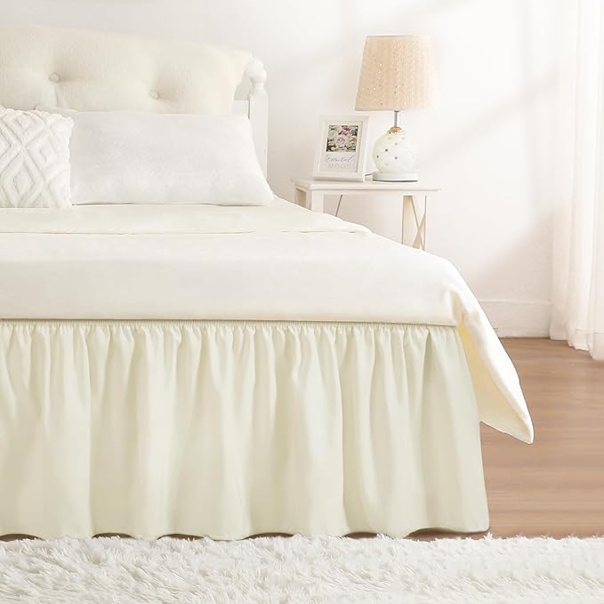 RIMELA Off White Bed Skirt Queen Size 15 Inch Drop, Elastic Bed Skirting for Bed Base and Frame, Bedding Dust Ruffle Easy to Install, Lightweight Wrap Around Adjustable Bedskirt