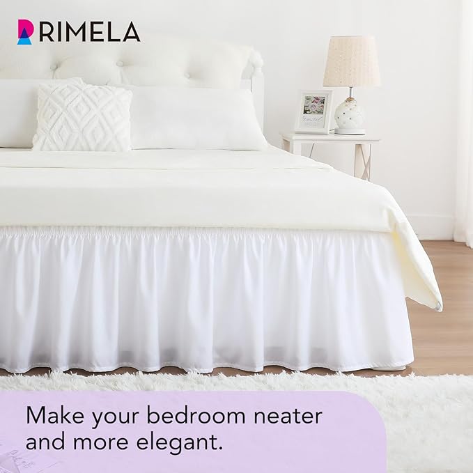 RIMELA White Bed Skirt Queen Size 15 Inch Drop, Elastic Bed Skirting for Bed Base and Frame, Bedding Dust Ruffle Easy to Install, Lightweight Wrap Around Adjustable Bedskirt