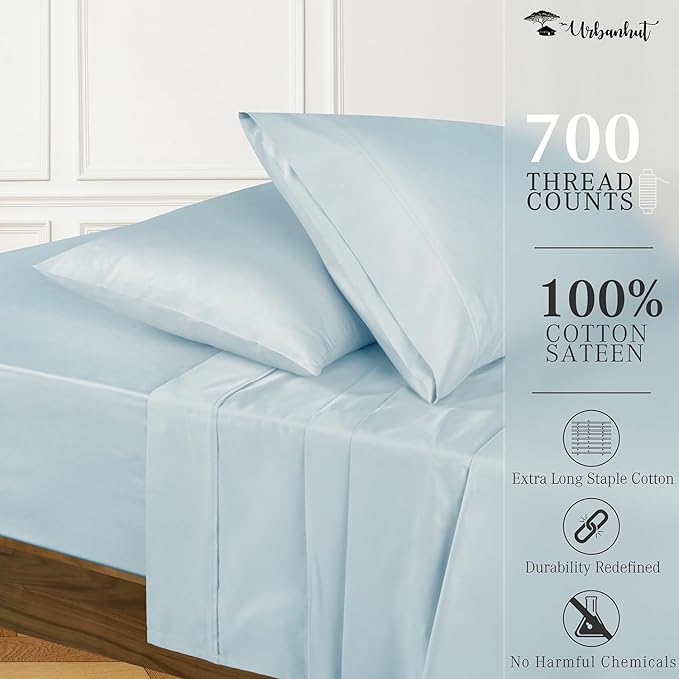 URBANHUT 700 Thread Count King Size Egyptian Cotton Sheets, 4Pc Sheet Set Soft Luxury Bed Sheets for King Size Bedding, Sateen Weave Hotel Bedsheets, 16'' Elasticized Deep Pocket - Light Blue