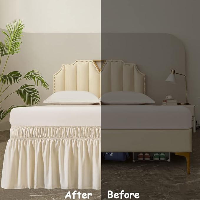 MEILA Wrap Around Bed Skirt Three Fabric Sides Elastic Dust Ruffled 18 Inch Tailored Drop,Easy to Install Fade Resistant-Beige, Twin/Full