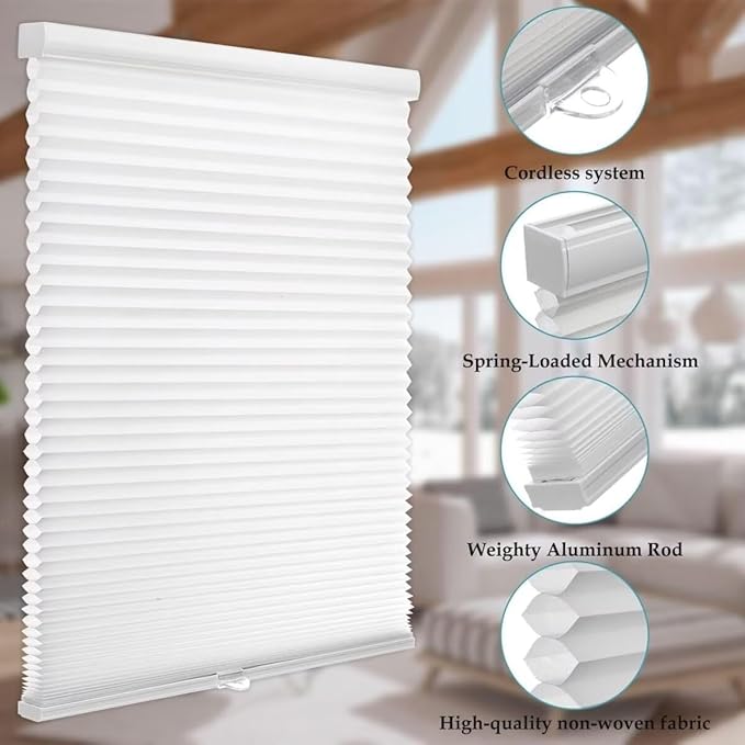 MYshade 1.5-Inch Cellular Cordless Light Filtering Shades,Thermal Insulating Noise Reducing Waterproof Blinds,Honeycomb Window Treatments for Indoor Light Control (White-30 W x 72" H)