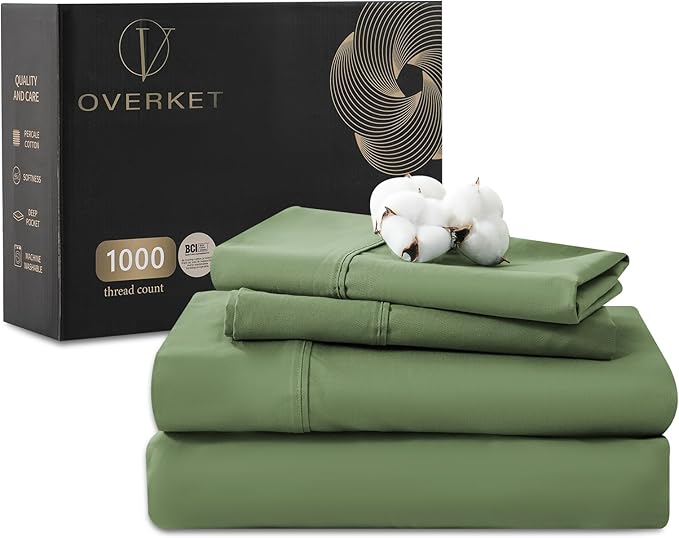 100% Egyptian Cotton Sheets Cal King Sheet Set 1000 Thread Count Sateen Weave Soft Breathable 16-Inch Deep Pocket 4PCS（California King,Olive Green）