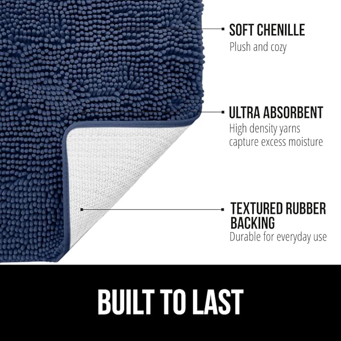 GORILLA GRIP Bath Rug Mat, Thick Soft Absorbent Chenille, Quick Dry Microfiber Mats, Rubber Backing Washable Shower Floor Rugs, Bathmat Runner, US Designed Bathroom Home Decor Accessories 24x17, Navy