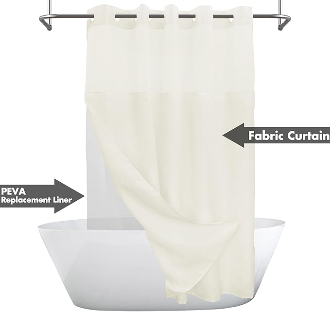 Long No Hook Slub Textured Shower Curtain with Snap-in PEVA Liner Set - 71" x 77"(75"), Hotel Style with See Through Top Window, Cream Fabric Curtain & Waterproof Liner, Sand, 71x77
