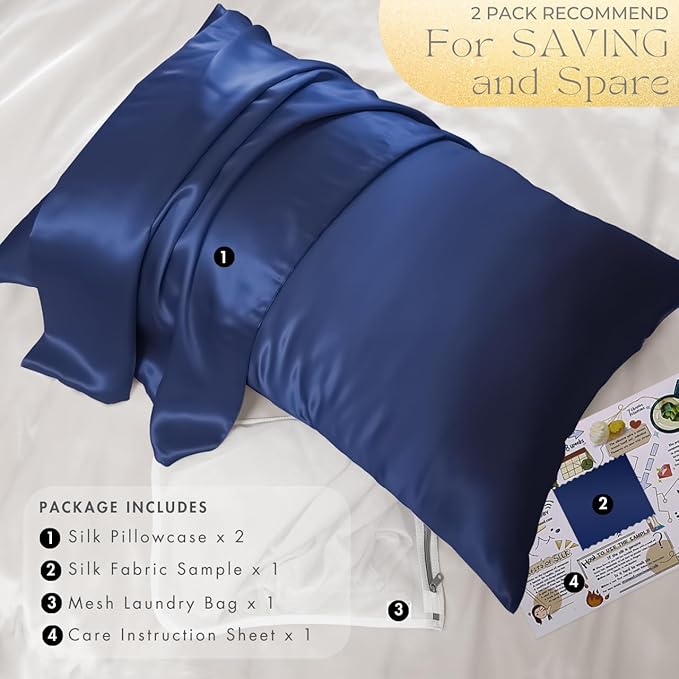 PROMEED 23 Momme Silk Pillowcase 2 Pack with Zipper, 3rd Gen Grade 6A+ 100% Mulberry Silk Pillow Case Set of 2, Cooling Pillow Cases for Hot Sleepers (King 20"x36", Navy)