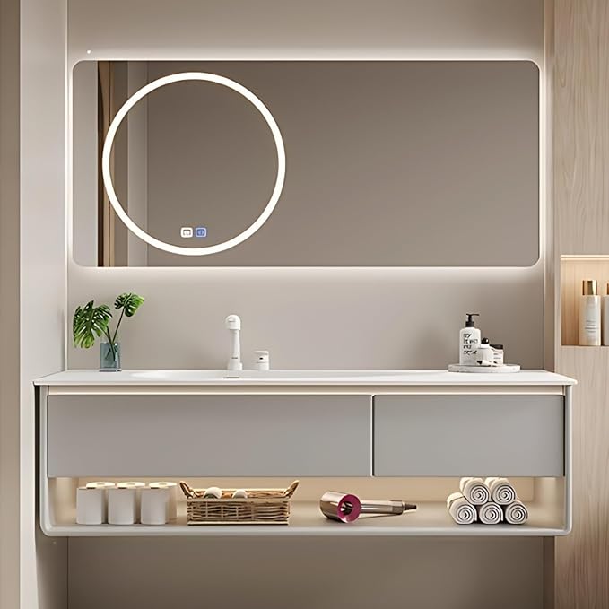 68IN Grey Bathroom Vanity Set - Floating Bathroom Vanity with Single Sink | Including LED Smart Defogging Mirror Cabinet & Time Display Function, Equipped with Motion Sensing Light Strip (Style B)