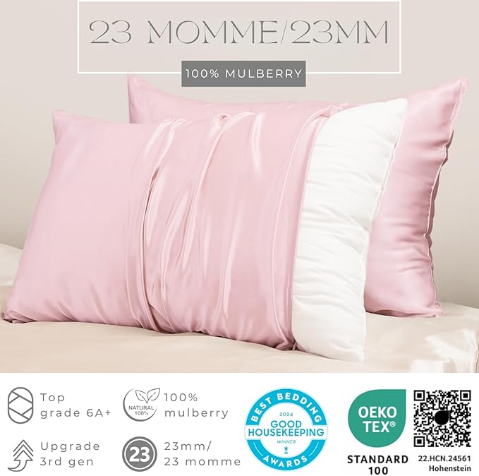 PROMEED 23 Momme Silk Toddler Pillowcase 2 Pack with Free Laundry Bag, Natural Highest Grade 6A+ 100% Mulberry Silk Pillow Case Set of 2, Zipper (Toddler/Travel 13"x18", Pink)