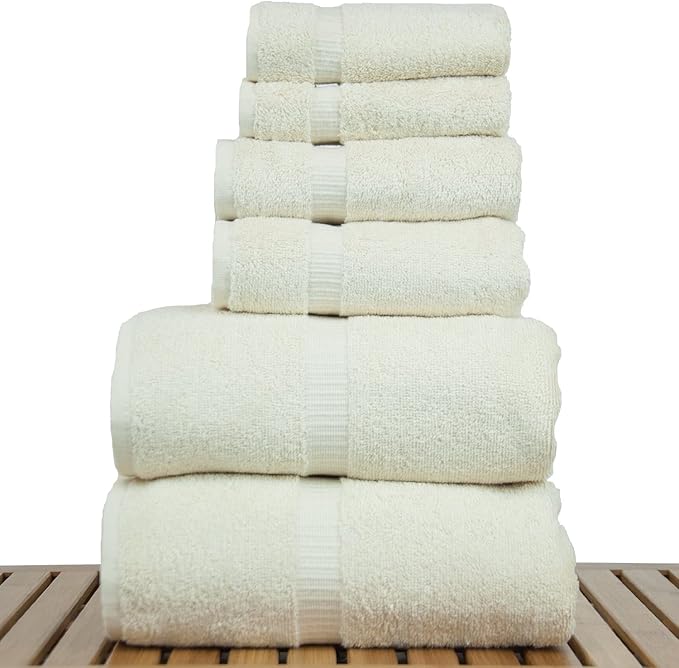 Luxury Hotel & Spa Quality Collection, Highly Absorbent & Quick Dry 100% Turkish Cotton, 750+ GSM, Eco Friendly Towel, Dobby Border Towels, 2 Bath Towel, 2 Hand Towel, 2 Washcloths (6 Piece, Beige)