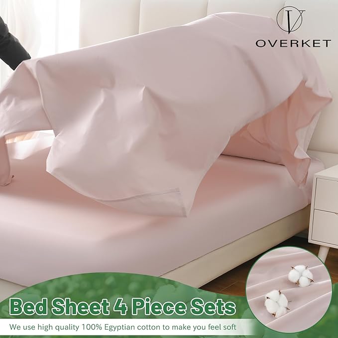 100% Egyptian Cotton Sheets King Size 1000 Thread Count Sateen Weave Soft Breathable 16-Inch Deep Pocket 4PCS（King,Light Pink）