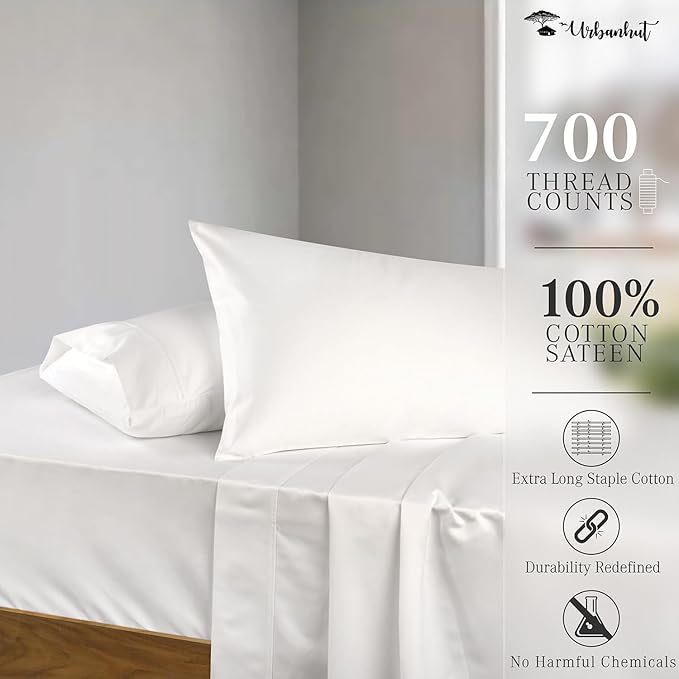 URBANHUT 700 Thread Count Egyptian Cotton Sheets King Size, 4Pc Sheet Set Soft Luxury Bed Sheets for King Size Bed, Sateen Weave Hotel Sheets, 16'' Elasticized Deep Pocket - White