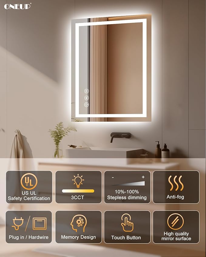 oneup 24x32'' LED Bathroom Mirror,Lighted Bathroom Mirror with Lights,Dimmable 3 Colors Temperature,Anti-Fog,Modern Vanity Mirrors for Wall,Touch Screen,Memory, Shatterproof