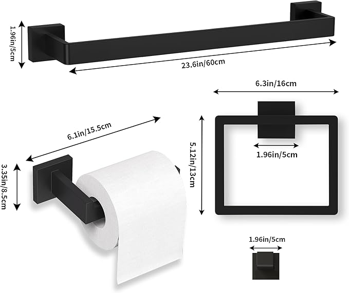 5-Pieces Matte Black Bathroom Accessories Set, 23.6 Inch Bath Towel Bar Set, SUS 304 Stainless Steel Bathroom Hardware Set, Towel Racks for Bathroom Wall Mounted.