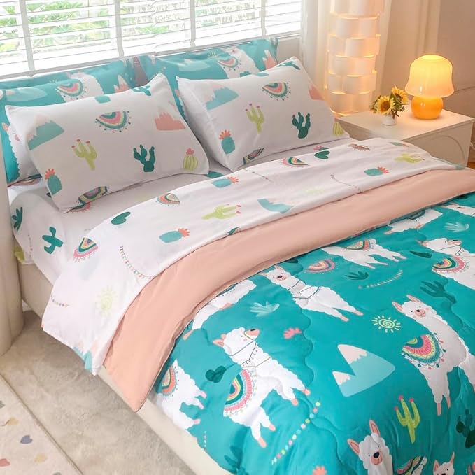 Wajade Kids Llama Comforter Set Bed in A Bag Twin Size 7 Piece Cute Alpaca Tropical Plant Cactus Bedding Set for Girls Boys (1 Comforter, 1 Flat Sheet, 1 Fitted Sheet, 2 Pillowcase and 2 Pillow Sham)
