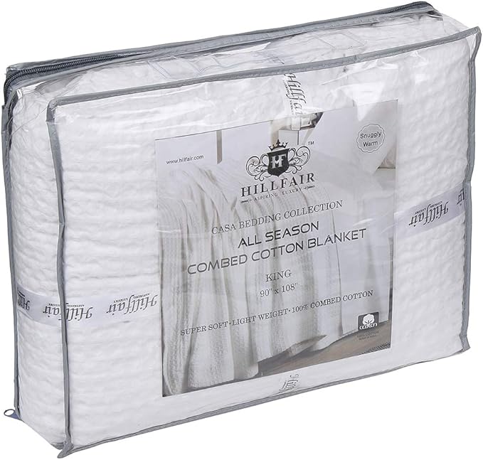 HILLFAIR 100% Combed Cotton Blanket–102x108 Inch California King Size Bed Blankets– Warm Soft All Season Breathable Blankets– Extra Large Oversized California King Blanket- White King Cotton Blankets