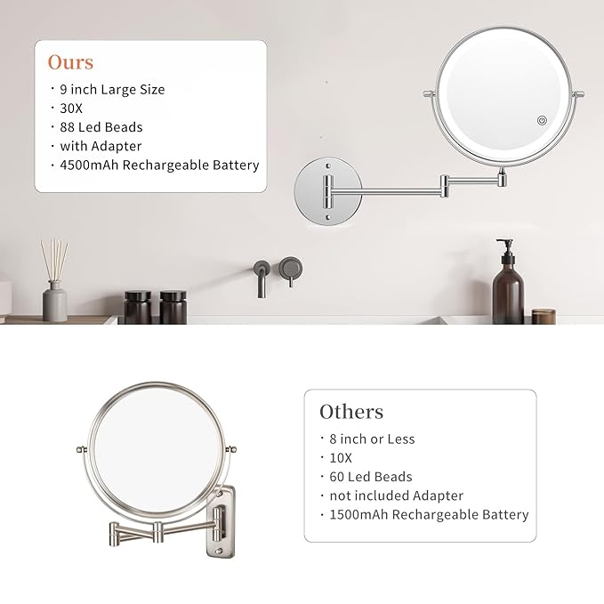 FUNTOUCH 9" 30X/1X Magnifying Wall Mounted Makeup Mirror, 4500mAh Rechargeable Double Sided Mirror with Light, 3 Color Lights,Touch Dimmable, 360 Rotation Extended Arm for Bathroom,Chrome